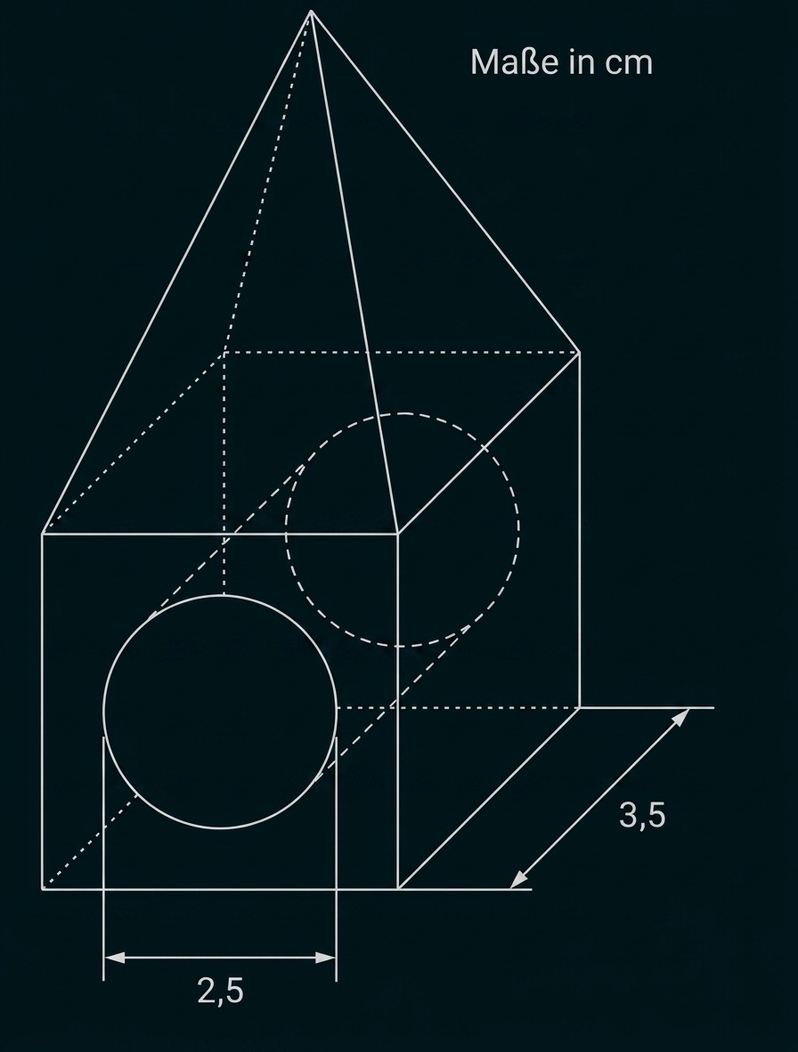 Geometrische Skizze eines Körpers mit Maßen in cm und eingezeichneten Kreisen sowie Maßangaben 2,5 und 3,5.